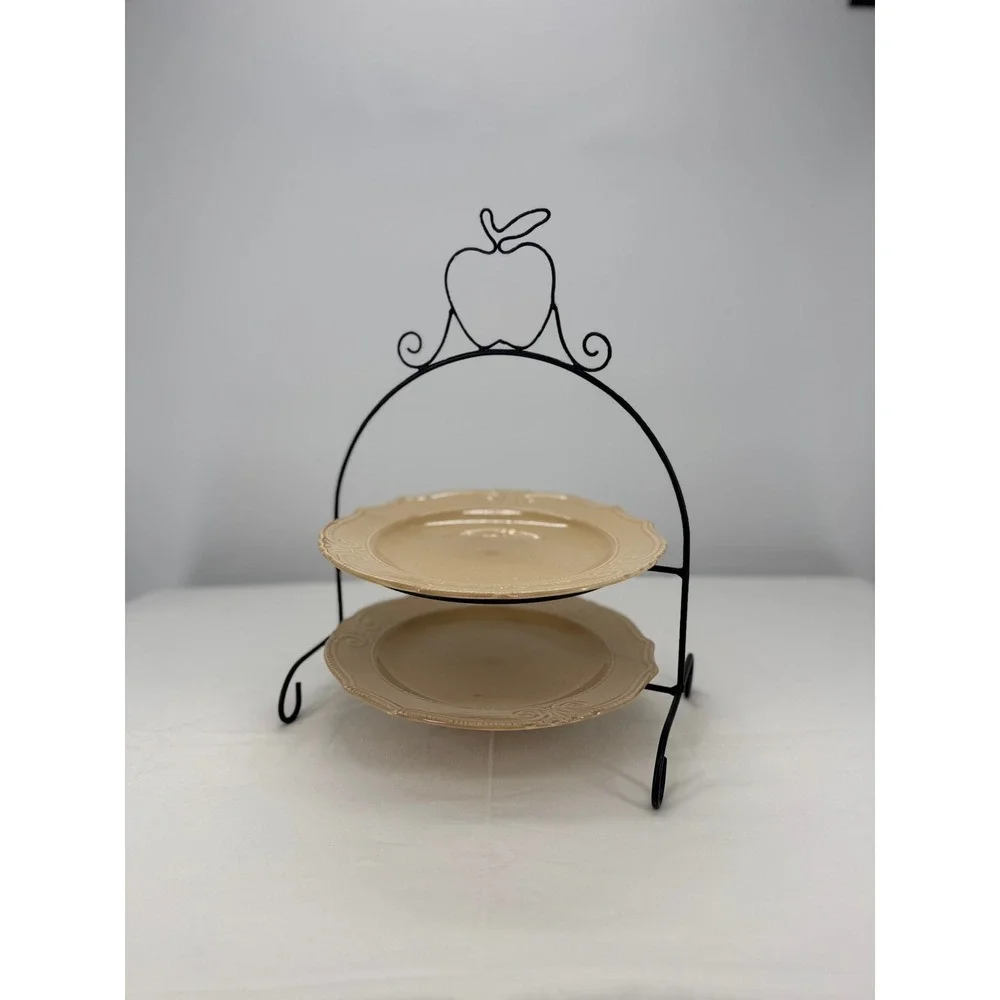 2‎ Tier Serving Stand with Apple Motif and Scalloped Tan Ceramic Plates